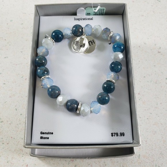 Genuine Stone BLUE STONE FAITH & CROSS HEART Charm Stretch Bracelet New in Box - Picture 3 of 9